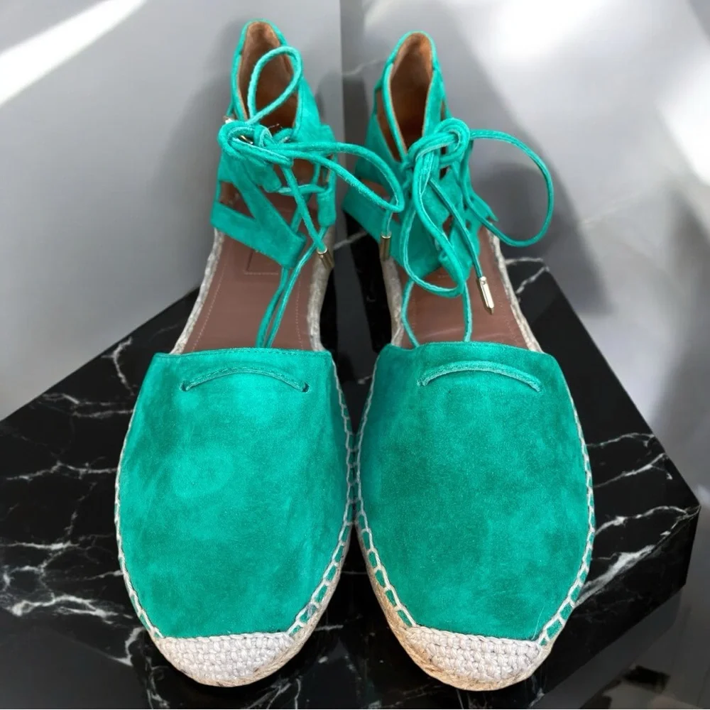 Aquazzura Firenze Green Suede Leather Belgravia Espadrilles Flat Sandals